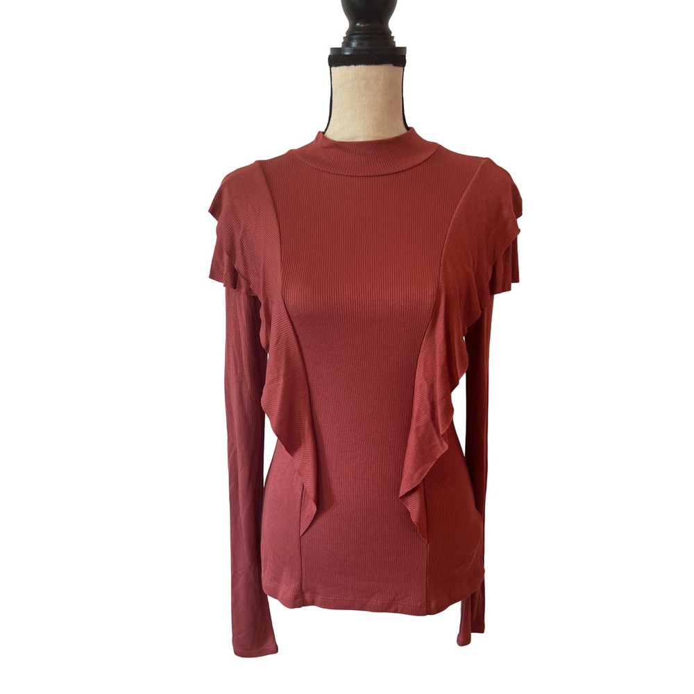 No Less Than Womens Ribbed Ruffle Mock Neck Long Sleeve Top Brick Red NLT-T174 L